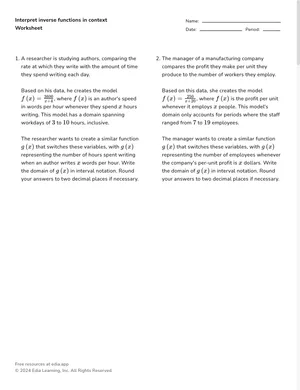 Interpret inverse functions in context worksheet preview