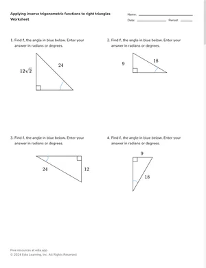 Applying inverse trigonometric functions to right triangles worksheet preview