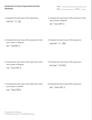 Composition of inverse trigonometric function worksheet preview