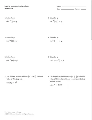Inverse trigonometric functions, degree notation (ex. sin^-1 for inverse sine) worksheet preview