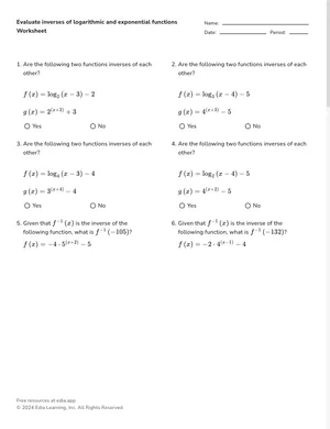 Evaluate inverses of logarithmic and exponential functions worksheet preview
