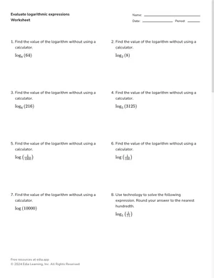 Evaluate logarithmic expressions worksheet preview