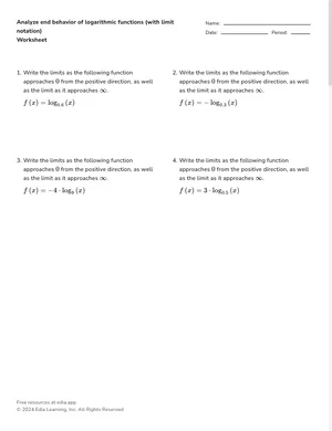 Analyze end behavior of logarithmic functions (with limit notation) worksheet preview