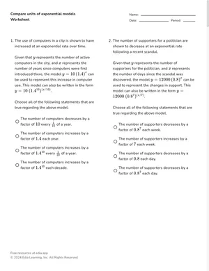 Compare units of exponential models worksheet preview