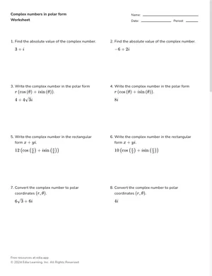 Complex numbers in polar form worksheet preview