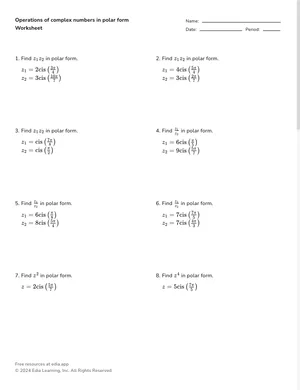 Operations of complex numbers in polar form worksheet preview