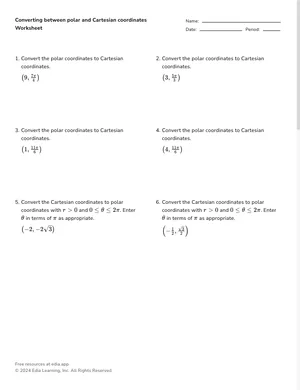 Converting between polar and Cartesian coordinates worksheet preview