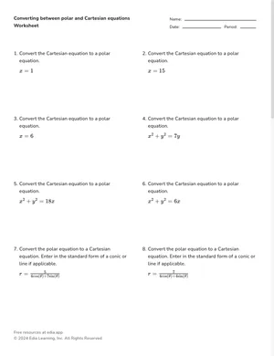 Converting between polar and Cartesian equations worksheet preview