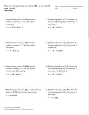 Determine changes in distance between f(θ) and the origin of polar function worksheet preview