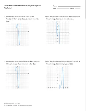 Absolute maxima and minima of polynomial graphs worksheet preview