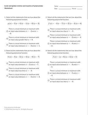 Local and global minima and maxima of polynomials worksheet preview