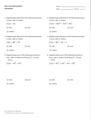 Tell if polynomial function is even or odd algebraically worksheet preview