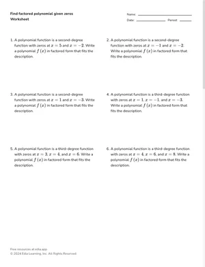 Find factored polynomial given zeros worksheet preview