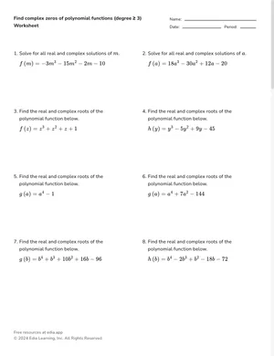 Find complex zeros of polynomial functions worksheet preview