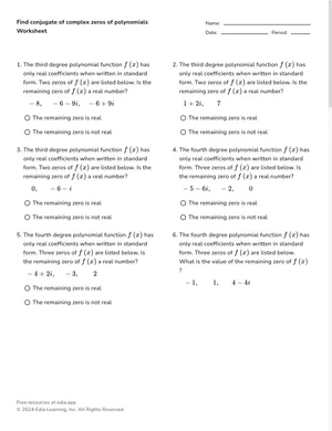 Find conjugate of complex zeros of polynomials worksheet preview