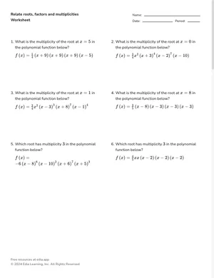 Relate roots, factors and multiplicities worksheet preview