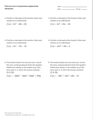 Find real zeros of polynomials algebraically worksheet preview