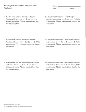 Find polynomial in standard form given zeros worksheet preview