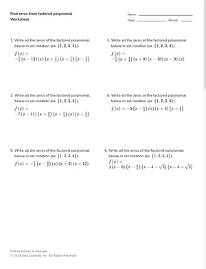 Find zeros from factored polynomial worksheet preview