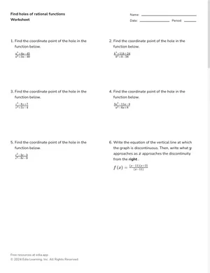 Find holes of rational functions worksheet preview