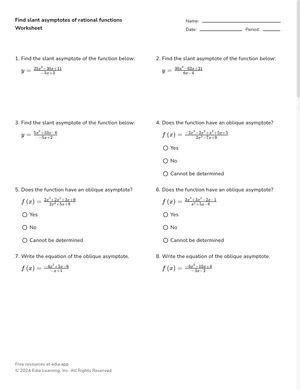 Find slant asymptotes of rational functions worksheet preview