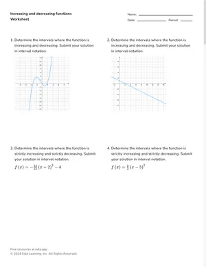 Intervals where a function is positive, negative, increasing, or decreasing worksheet preview