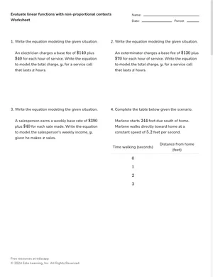 Evaluate linear functions with non-proportional contexts worksheet preview