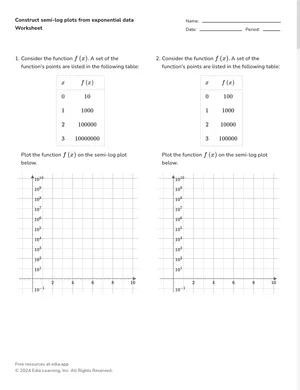 Construct semi-log plots from exponential data worksheet preview