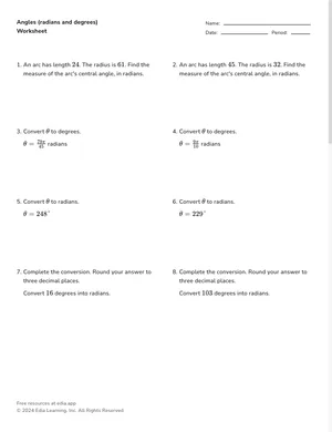 Angles (radians and degrees) worksheet preview