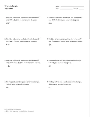 Coterminal angles worksheet preview