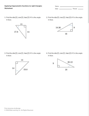 Applying trigonometric functions to right triangles worksheet preview