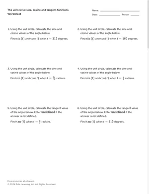 The unit circle: sine, cosine and tangent functions worksheet preview