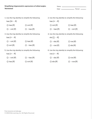 Simplifying trigonometric expressions of allied angles worksheet preview