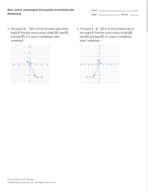 Sine, cosine, and tangent from points on terminal side worksheet preview