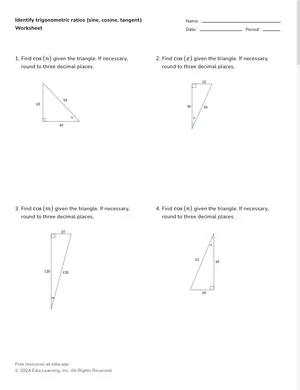 Identify trigonometric ratios (sine, cosine, tangent) worksheet preview