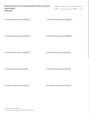 Evaluating exact values of trigonometric functions for special right triangles worksheet preview