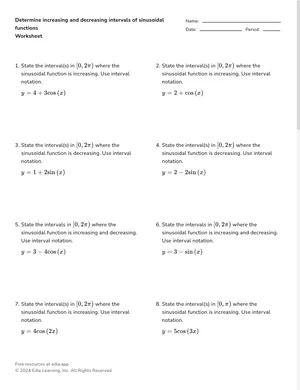 Determine increasing and decreasing intervals of sinusoidal functions worksheet preview