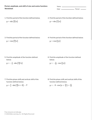 Identify period, amplitude, and shift of sine and cosine functions from an equation worksheet preview