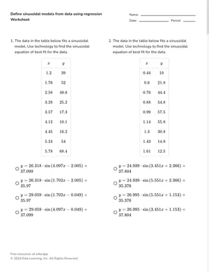 Define sinusoidal models from data using regression worksheet preview