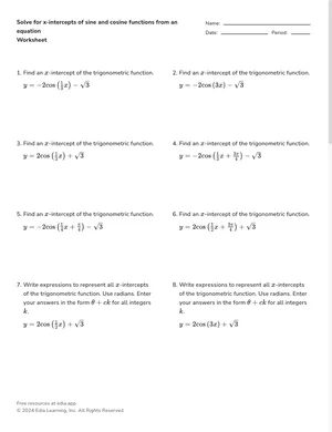 Solve for x-intercepts of sine and cosine functions from an equation worksheet preview