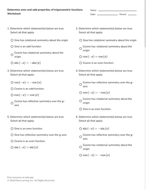 Determine even and odd properties of trigonometric functions worksheet preview