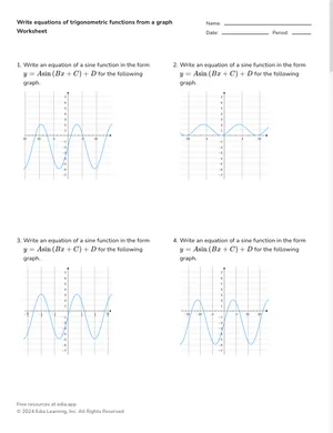 Write equations of trigonometric functions from a graph worksheet preview
