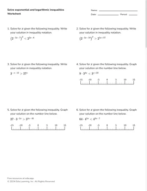 Solve exponential and logarithmic inequalities worksheet preview