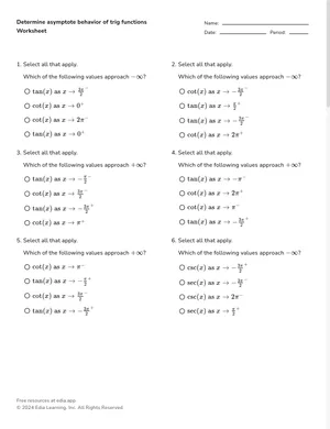 Determine asymptote behavior of trig functions worksheet preview