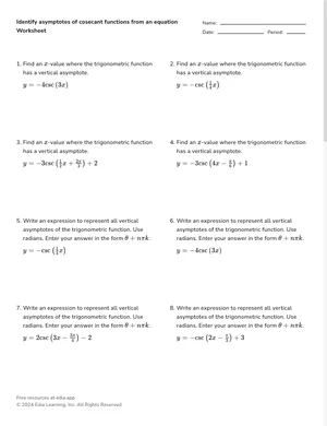 Solve for vertical asymptotes of cosecant functions from an equation worksheet preview