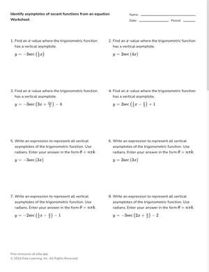 Solve for vertical asymptotes of secant functions from an equation worksheet preview