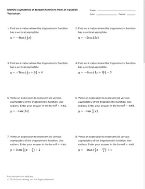 Solve for vertical asymptotes of tangent functions from an equation worksheet preview