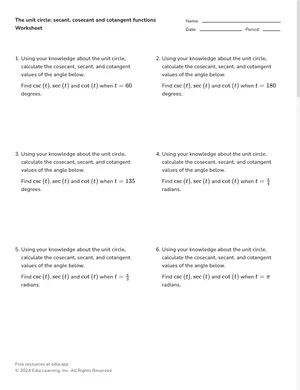 The unit circle: secant, cosecant and cotangent functions worksheet preview
