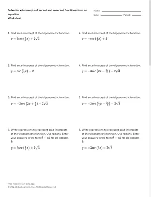Solve for x-intercepts of secant and cosecant functions from an equation worksheet preview