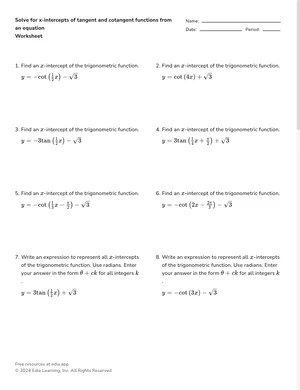 Solve for x-intercepts of tangent and cotangent functions from an equation worksheet preview